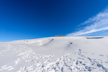 Old dairy farm on the Lessinia Plateau in winter with snow. (Altopiano della Lessinia), Regional Natural Park, Malga Gaibana near Malga San Giorgio ski resort, Verona Province, Veneto, Italy, Europe.
