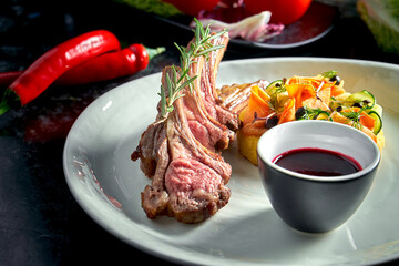 Rack of lamb medium rare with vegetable puree and berry sauce, served in a white plate. Dark marble background. Meat, restaurant food