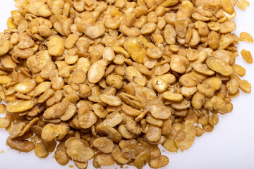 Roasted and salted fava beans for a healthy vegan and vegetarian diet snack. High in protein, vitamins, dietary fibre and nutrients