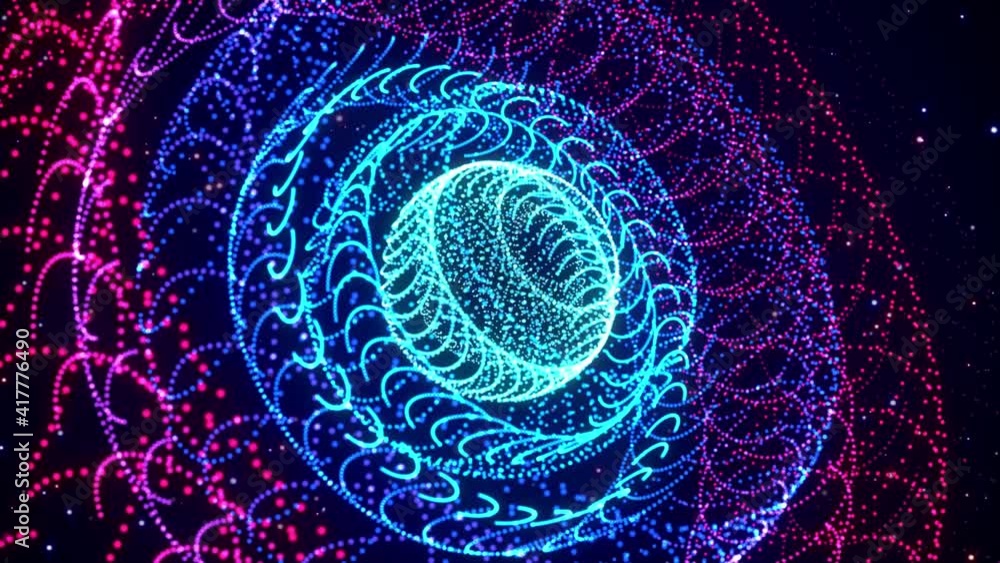 Poster perspective view unique abstract blue and red dotted circles rings and spheres in space with twinkli