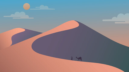 Fototapeta na wymiar Landscape of the desert sunlight and traveler 