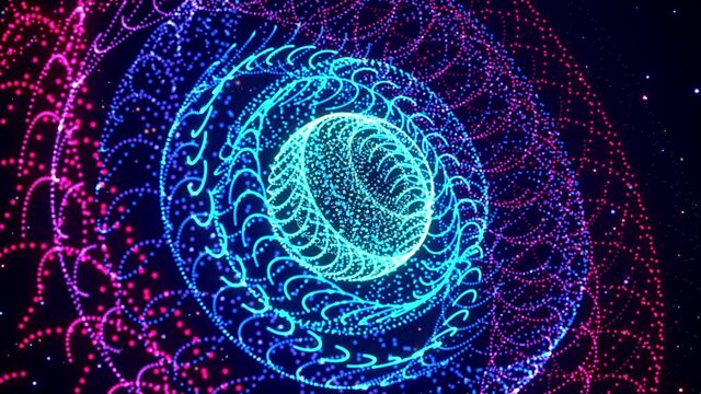 Perspective View Unique Abstract Blue And Red Dotted Circles Rings And Spheres In Space With Twinkling Stars 3D Rendering, Last 10 Seconds Loopable