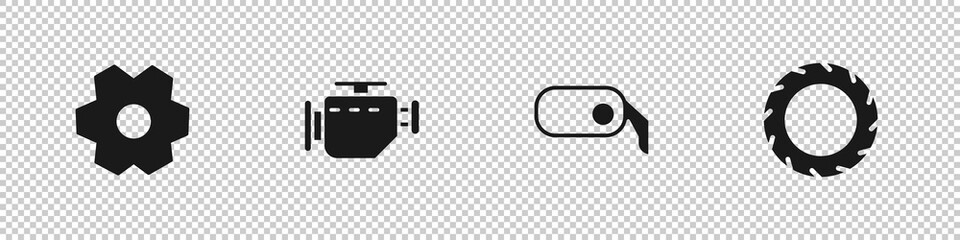 Set Gear, Check engine, Car rearview mirror and tire wheel icon. Vector.