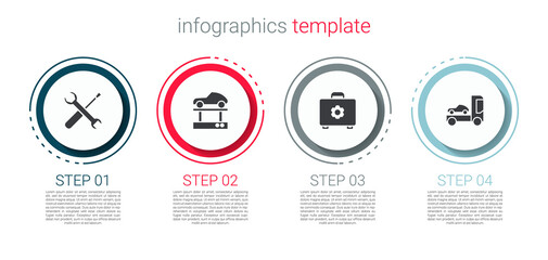 Set Screwdriver and wrench spanner, Repair car on lift, Toolbox and Car transporter truck. Business infographic template. Vector.