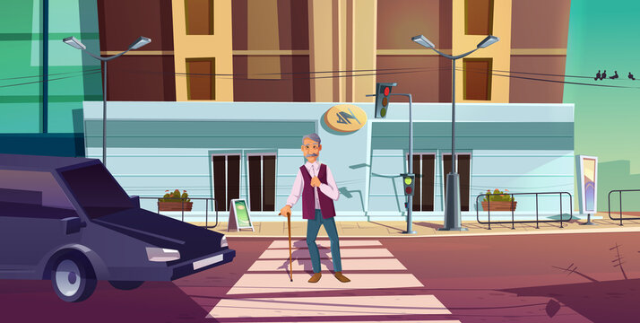 Senior pedestrian cross road on zebra with car waiting on traffic lights signal. Old man with walking cane moving over crosswalk alone, aged character on big city street, Cartoon vector illustration
