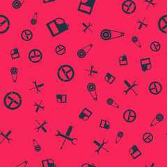 Set Screwdriver and wrench spanner, Canister for motor machine oil, Steering wheel and Timing belt kit on seamless pattern. Vector.