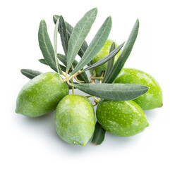 Green natural olives with leaves isolated on a white background.