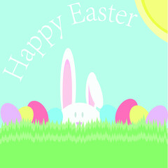 Happy Easter, card template with eggs, grass, rabbit and Easters eggs Vector background. Text