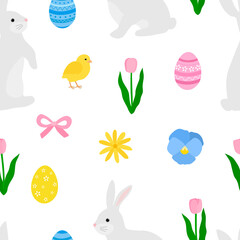 Seamless pattern Easter Bunny vector illustration. Colorful eggs rabbit and floral decor 