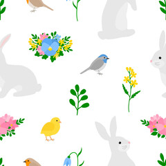 Seamless pattern Easter Bunny vector illustration. Colorful eggs rabbit and floral decor 