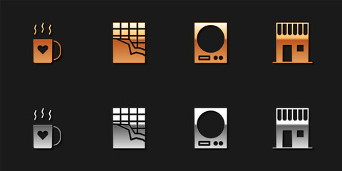 Set Coffee cup and heart, Chocolate bar, Electronic scales and shop icon. Vector.