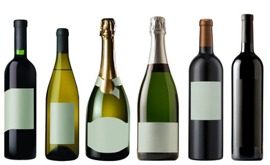 Set of Bottles of wine and champagne isolated on white + clipping path.