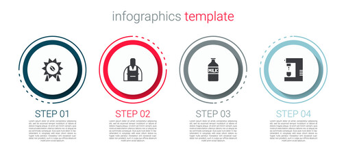 Set Medal for coffee, Barista, Bottle with milk and Coffee machine. Business infographic template. Vector.
