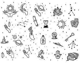 Magic doodle symbol. Witch hand drawn magic element, doodle witchcraft crystal, skull, knife, mystery tattoo sketch vector illustration icons set. Magic and witchcraft, witch esoteric alchemy