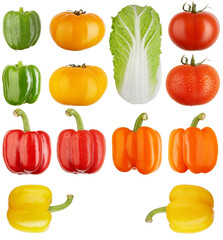 Different fresh tasty vegetables with drops & without isolated on white+ clipping path.