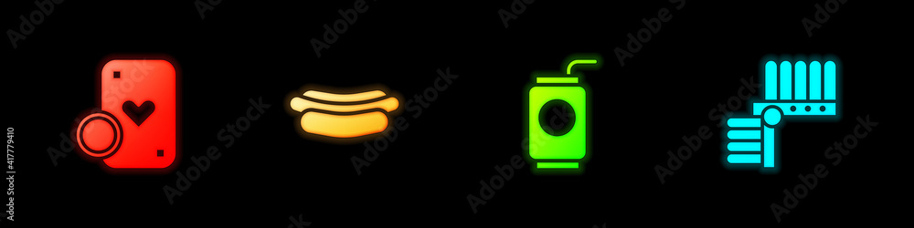 Sticker Set Casino chip and playing cards, Hotdog sandwich, Soda can with straw and Indian headdress feathers icon. Vector.