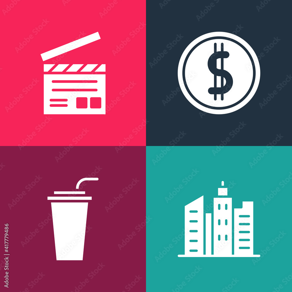 Wall mural set pop art city landscape, paper glass with straw, coin money dollar and movie clapper icon. vector