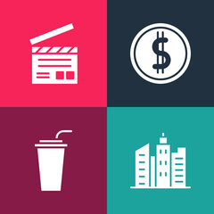 Set pop art City landscape, Paper glass with straw, Coin money dollar and Movie clapper icon. Vector.