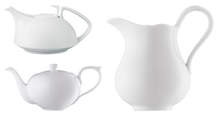 White Ceramic Jug and two Teapots on a white background
