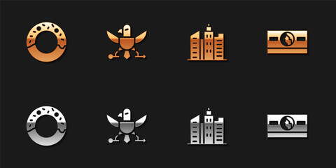 Set Donut, Eagle, City landscape and Stacks paper money cash icon. Vector.