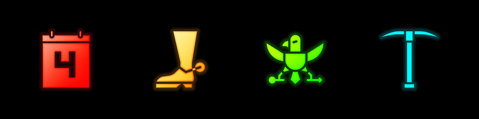 Set Calendar with date July 4, Cowboy boot, Eagle and Pickaxe icon. Vector.