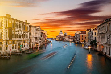Grand Canal and Basilica Santa Maria della Salute at sunset, Venice, Italy