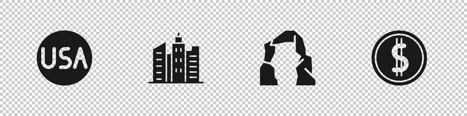 Set USA label, City landscape, Grand canyon and Coin money with dollar icon. Vector.