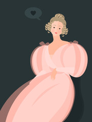 A girl in a fluffy 18-19 century pink dress with large sleeves. Cute curls on the head. Noble portrait. Bubble with a heart. Colorful vector illustration in flat cartoon style.