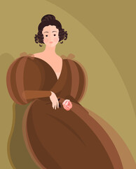 A girl in a fluffy 18-19 century dress with large sleeves. Cute curls on the head. Noble portrait. Colorful vector illustration in flat cartoon style.