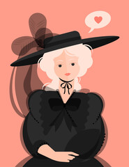 A girl in a black dress of the 18-19th century and a hat with large brims and feathers. Noble portrait. Bubble with a heart. Colorful vector illustration in flat cartoon style.