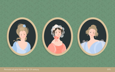 A set of paintings in frames. Girls in dresses of the 18-19th century. Cute curls on the head. Noble portrait. On the background of vintage wallpaper. Colorful vector illustration in flat 