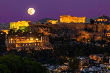 Fotobehang Sunset view on Acropolis in Athens, Greece at with full moon. Travel in Greece © Anton Petrus