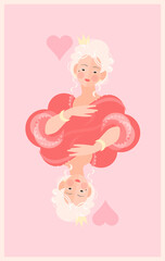 Naklejka premium Postcard with Queen of Hearts in a red dress of the 18-19th century. Colorful vector illustration in flat cartoon style.