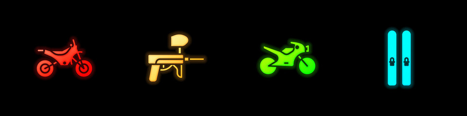 Set Mountain bike, Paintball gun, Motorcycle and Ski and sticks icon. Vector.