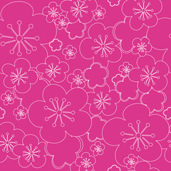 Vector pink seamless background white blossoming cherry flower sakura. White contour lines and strokes. Seamless pattern background