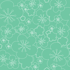 Fototapeta na wymiar Vector pastel green seamless background white blossoming cherry flower sakura. White contour lines and strokes. Seamless pattern background