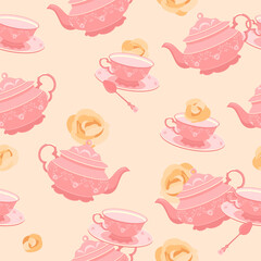 he pattern is seamless. 18th century pink tea cup and teapot. Against the background of yellow roses. Colorful vector illustration in flat style.
