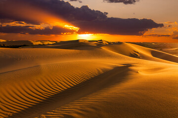 Naklejka na ściany i meble Beautiful sunset over the sand dunes in the Arabian Empty Quarter Desert, UAE. Rub' al Khali