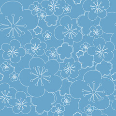 Vector pastel blue seamless background white blossoming cherry flower sakura. White contour lines and strokes. Seamless pattern background