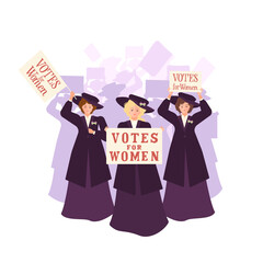 Three suffragettes in a coat and a hat lead the crowd with a "Rights for Women" poster from the 1920s. The ribbon is white, green and purple. Solidarity and strength. Vector flat illustration.
