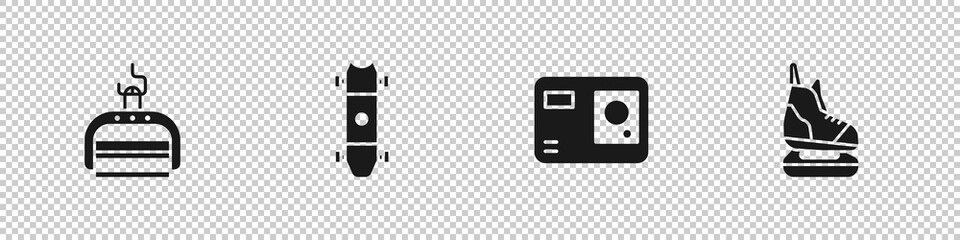 Set Ski lift, Longboard or skateboard, Action extreme camera and Skates icon. Vector.