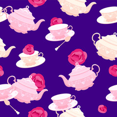 Pattern is seamless. 18th century pink tea cup and teapot. Against the background of roses. Colorful vector illustration in flat style.