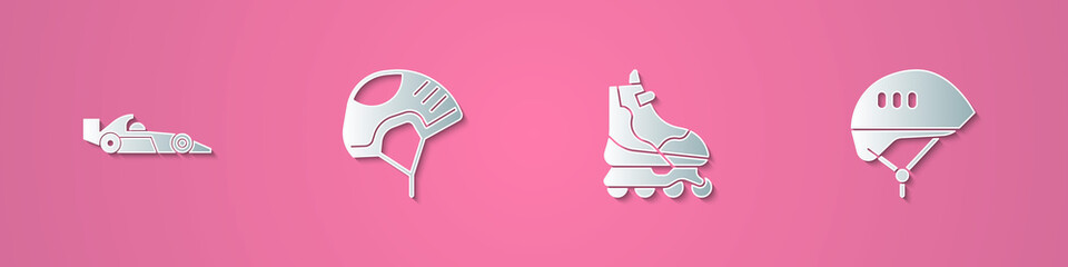 Set paper cut Formula 1 racing car, Helmet, Roller skate and Bicycle helmet icon. Paper art style. Vector.
