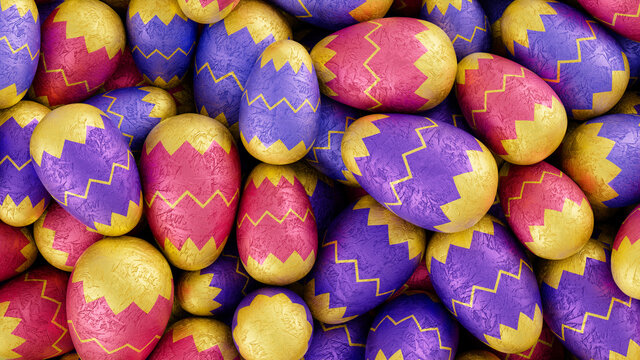 Multicolored, foil wrapped Easter Egg background. Beautiful Easter Wallpaper with, patterned Yellow, Pink and Purple Eggs. 3D Render 
