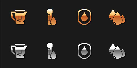 Set Water jug with a filter, Test tube water drop, Waterproof and icon. Vector.