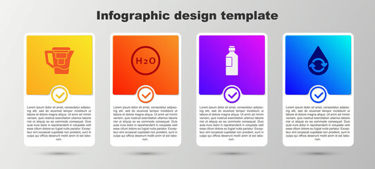 Set Water jug with a filter, Chemical formula for H2O, Bottle of water and Recycle clean aqua. Business infographic template. Vector.