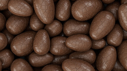Chocolate Easter Egg background. Easter Wallpaper showing a collection of Chocolate Eggs. 3D Render 