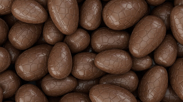 Chocolate Easter Egg background. Easter Wallpaper showing a collection of Chocolate Eggs. 3D Render 