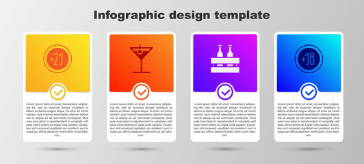 Set Alcohol 21 plus, Martini glass, Pack of beer bottles and 18. Business infographic template. Vector.