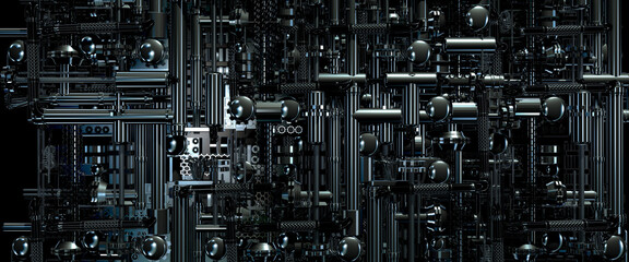 Looking down onto industrial machinery made from pipes and gears in a science fiction style 3d render © Studio-FI